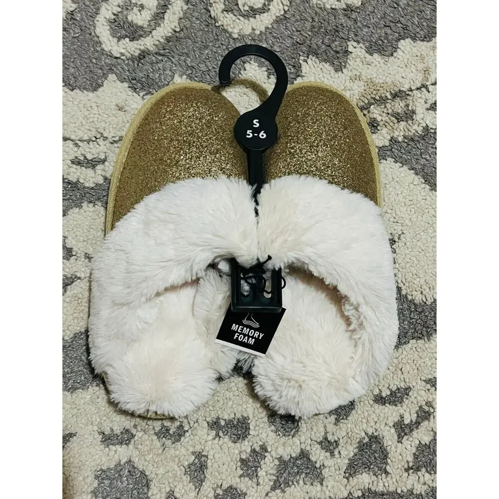 NWT❤️Gold Gliters Memory Foam Cozy Slippers sz small(5-6)
